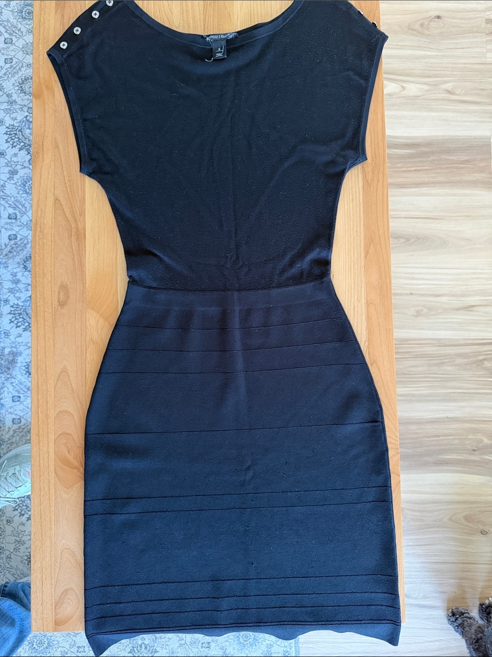 Classic Black Midi Sheath Dress with Shoulder Button Detail